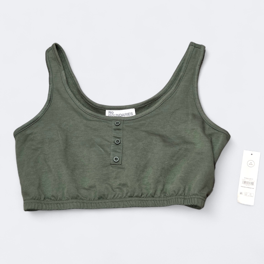 No Boundaries Olive Green Buttoned Crop Top - Picture 2 of 8